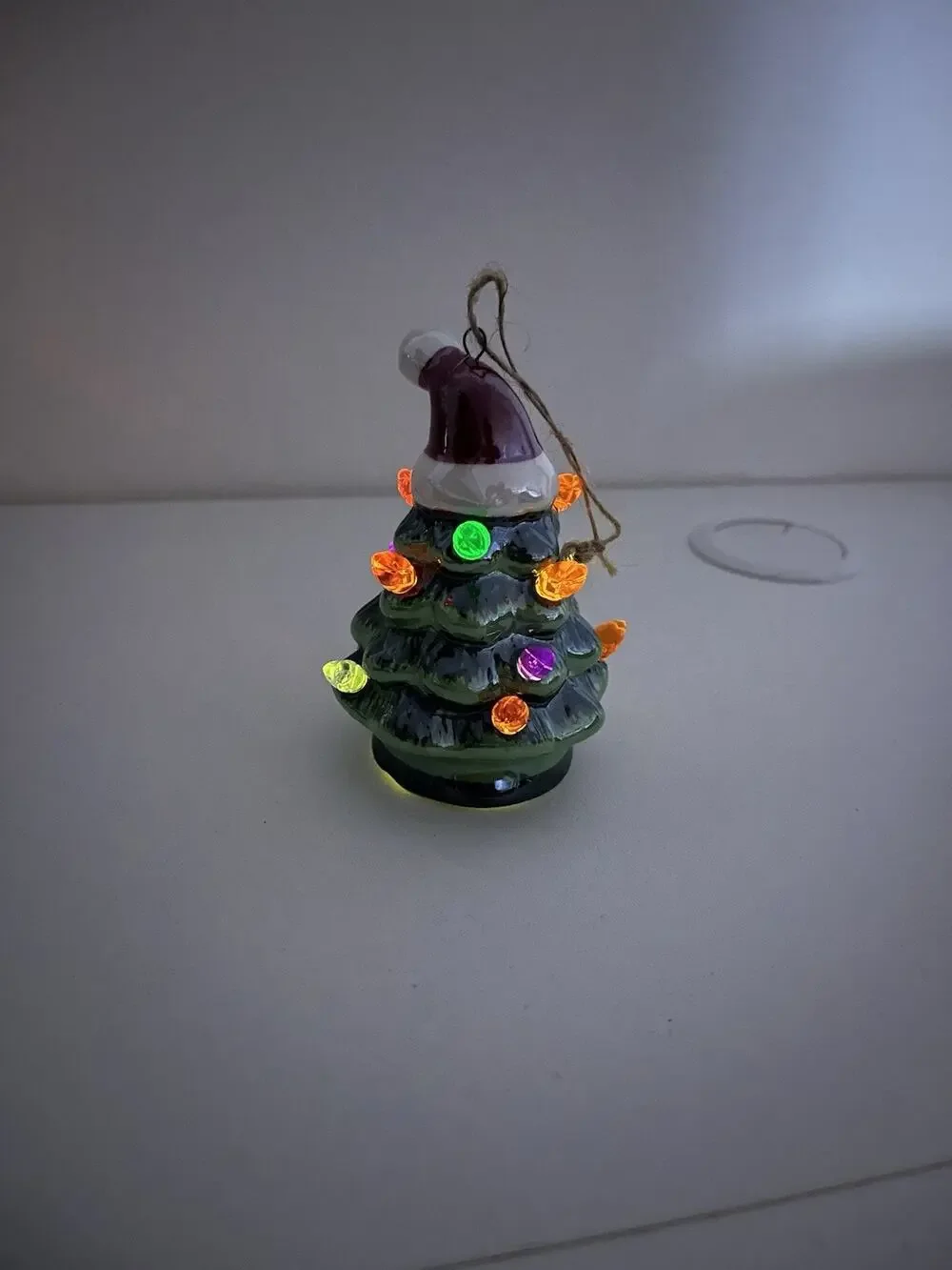 Green Ceramic Christmas Tree Light Up Ornament Santa Hat Working! VTG Xmas